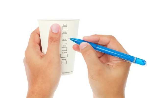 흰색 바탕에 커피와 체크 메뉴의 종이 컵 — 스톡 사진