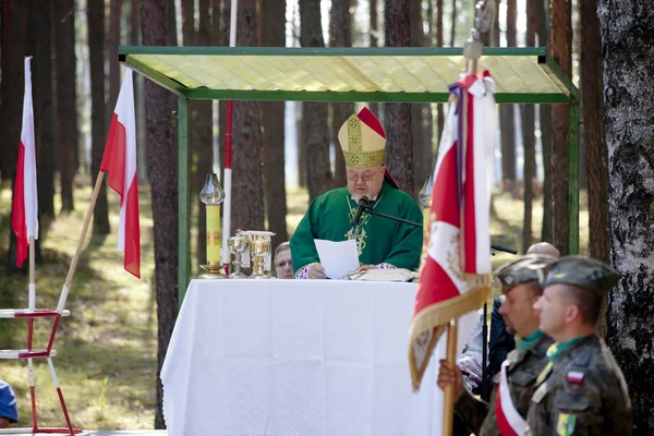 Jerzyska, Polonia, 18 settembre: il vescovo Antoni Dydycz celebra la messa nella messa per l'anniversario all'aperto dove i soldati AK sono stati fucilati, 18 settembre 2013 a Jerzyska, Polonia . — Foto Stock