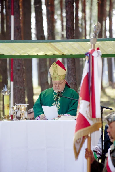 Jerzyska, Polonia, 18 de septiembre: el obispo Antoni Dydycz celebra la misa en el lugar de la misa de aniversario al aire libre donde dispararon a los soldados de AK, el 18 de septiembre de 2013 en Jerzyska, Polonia . —  Fotos de Stock