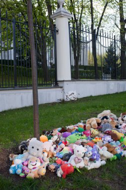 Warsaw, Poland, May 01  2022. toys at the Russian embassy, commemorating the victims of the war in Ukraine in Warsaw