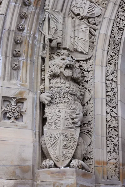 A sculpture of a lion holding the shield — Stock Photo, Image