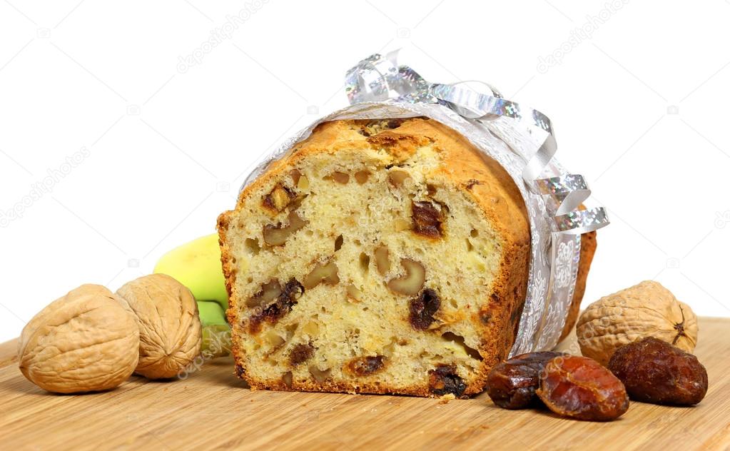 Homemade banana bread with walnuts and dates