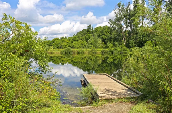 Un muelle de madera, muelle, en un lago en verano día soleado —  Fotos de Stock