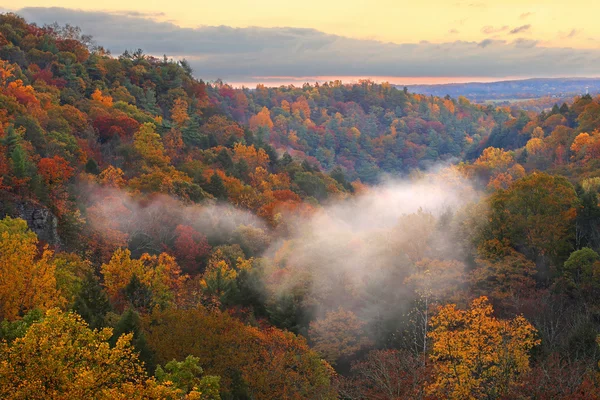 El paisaje de otoño de montaña con nubes contra bosques coloridos — Foto de Stock