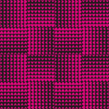 Siyah arka planda pembe kalpler. Farklı boyutlarda kalp grupları, kare biçiminde birleşmiş. Herhangi bir kullanım için kusursuz desen.