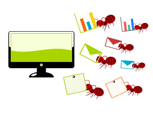 赤いアリとコンピューターの図 — ストックベクタ
