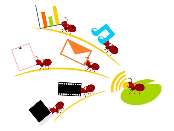 Vörös hangyák vezeték nélküli lan csapatmunka illusztráció — Stock Vector