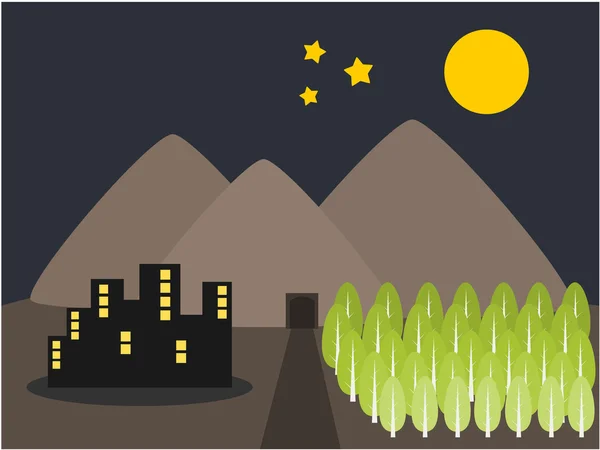Stad för berg och träd på natten illustration — Stock vektor