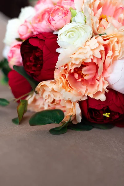 Bouquet Non Real Flowers Artificial Peonies Eucalyptus Bouquet — Stock Photo, Image