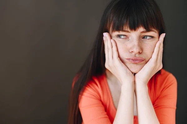 Close Sad Brunette Woman Bangs Looking Side Propping Her Head — Stok fotoğraf