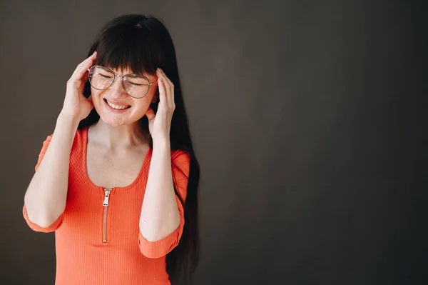 Very Severe Headache Young Girl Brunette Bangs Migraine Black Background — Φωτογραφία Αρχείου