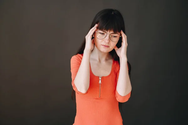 Headache Young Girl Glasses Brunette Bangs Migraine Black Background Girl — ストック写真