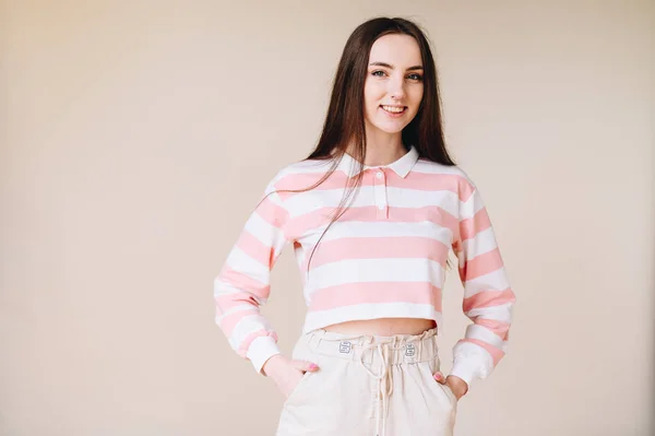 Young Pretty Girl Striped Sweater Straight Dark Hair Smiles Broadly — Fotografia de Stock