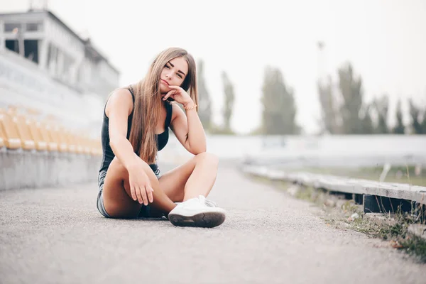 Girl Long Hair Thought Sat Cross Legged Asphalt Her Hand — Stock Photo, Image