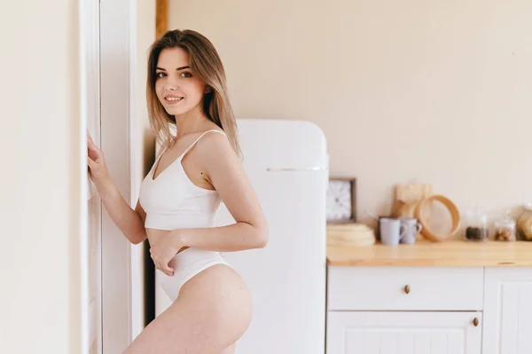 Young Woman White Underwear Stands Door Kitchen Light Kitchen Refrigerator — Stockfoto
