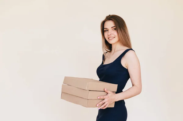 Young Woman Holding Stack Boxes Her Hands Pizza Delivery Girl — Photo