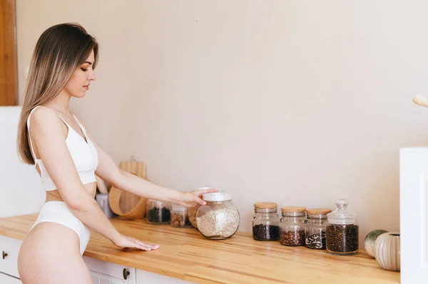 Young Woman Stands Kitchen Prepares Healthy Breakfast Girl White Underwear — Stockfoto