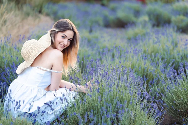 Young Happy Woman in White Sundress Sits Among Fresh Lilac Lavender. Harvest lavender. Relax and inhale fresh aroma of Lavender.