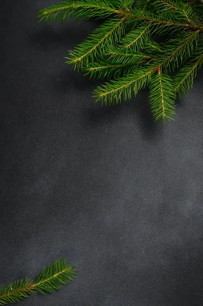 Függőleges Fotó Karácsonyi Fenyő Ágak Egy Sötét Háttér Másolási Hely — Stock Fotó