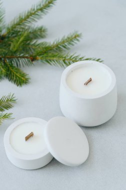 Noel Ağacı Dalları Arasında Tahta Tahta Ahşap ile Alçıtaşı Küf El Yapımı Mumlar. Noel Mumları 'nın modeli. Noel hediyesi..