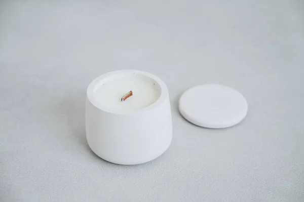 White Candle Plaster Cache Pot Lid Close Place Label Scented — Photo