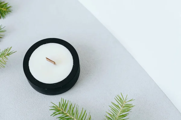 Closeup Black Candlestick White Soy Wax Concrete Background Candle Green — Photo