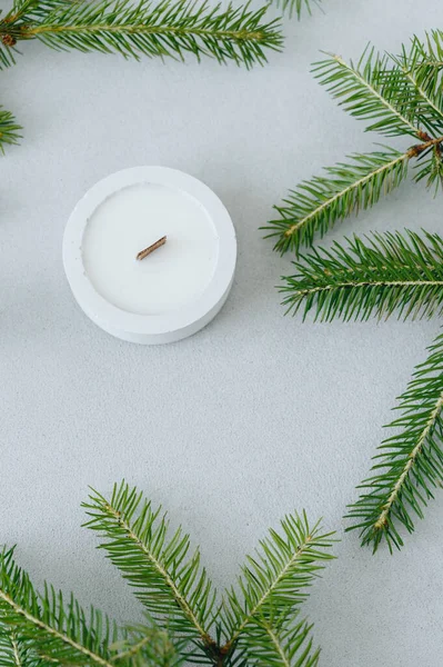 White Candlestick Soy Wax Candle Green Christmas Tree Branches Close — Photo