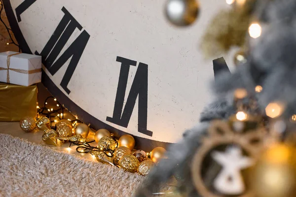 Golden New Year Toys Lie Floor Garland Clock Element Christmas — Stock fotografie