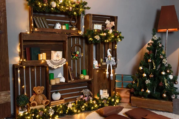 Rack Made Wooden Boxes Decorate Christmas Decor Christmas Tree Garland — ストック写真