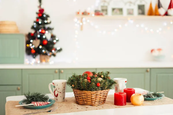 Light Olive Kitchen Decorated New Year Table Festively Set Christmas — Stock fotografie