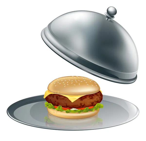 Cheese burger on silver platter — Stock Vector