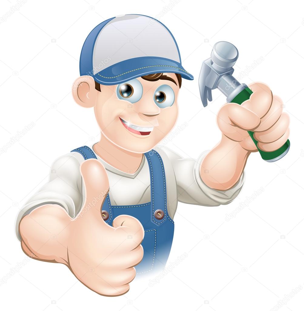 Illustration of a happy handyman, builder, construction worker or carpenter in work clothes holding a hammer and giving thumbs up