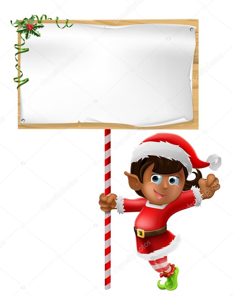 Christmas elf holding a sign