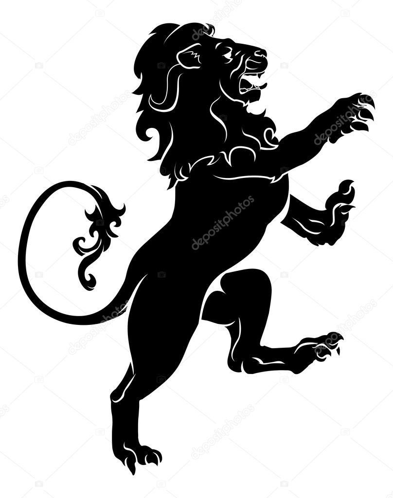 Illustration of a heraldic rampant lion on hind legs, like those found on a coat of arms
