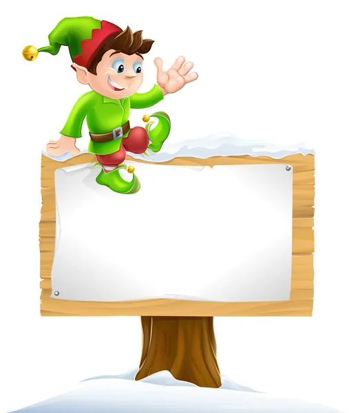 Elf on Snowy Sign — Stock Vector