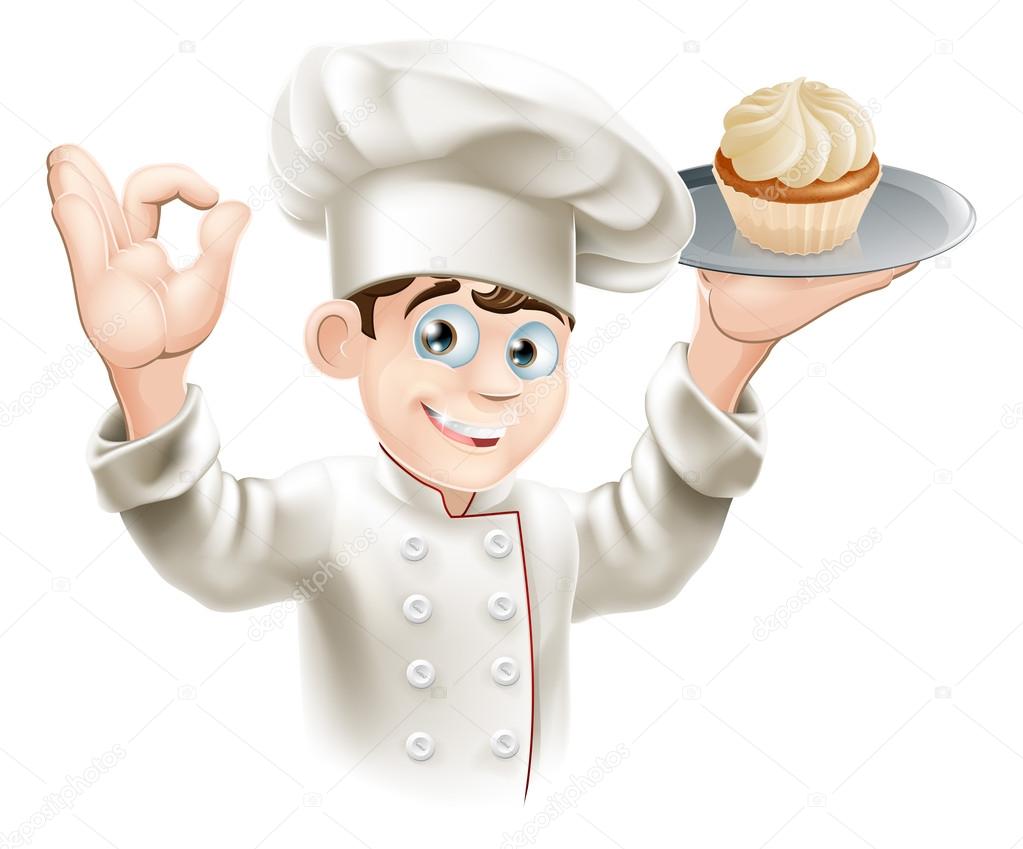 Illustration of baker holding a tray with a cupcake on it