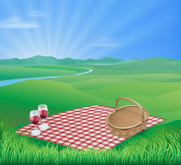 在美丽的农村景色的野餐 — 图库矢量图片
