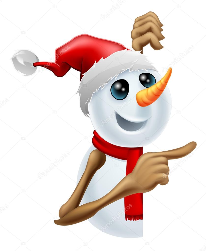 Happy snowman in Santa hat pointing