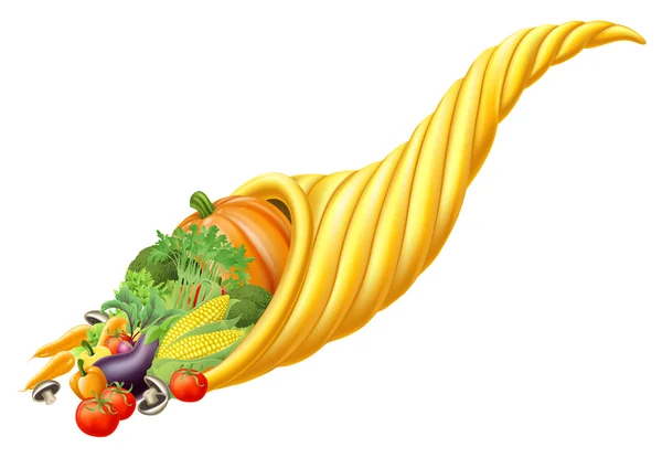Корнукопія ріг, повний свіжих продуктів харчування — стоковий вектор