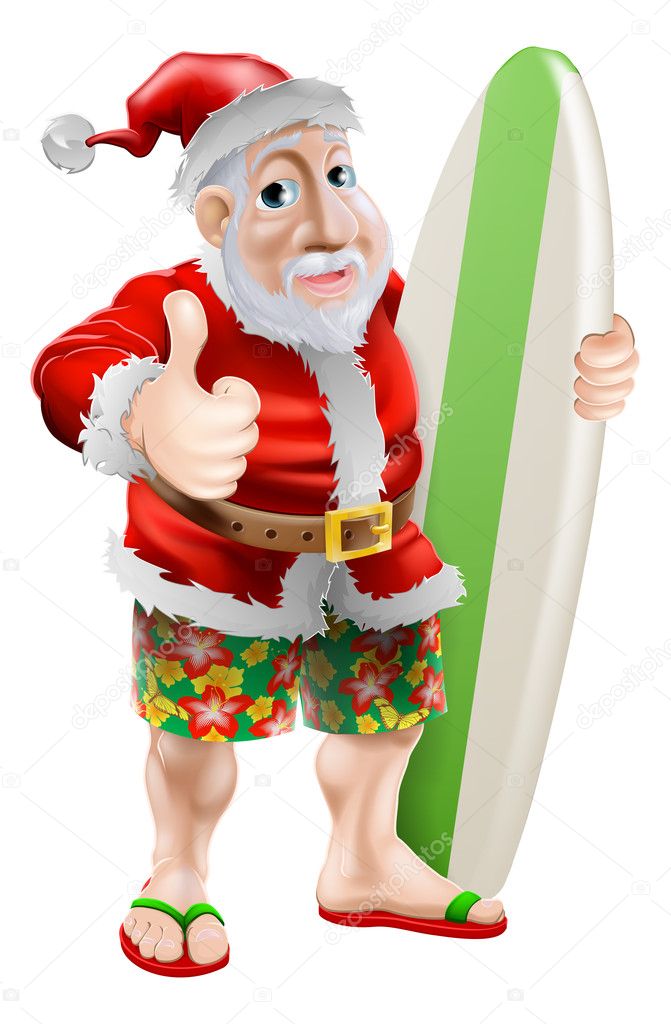 Thumbs up surfing Santa Claus