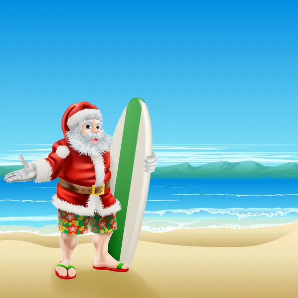 Surf Santa sulla spiaggia — Vettoriale Stock