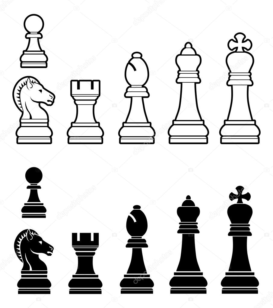An illustration of a complete set of chess pieces in black and white