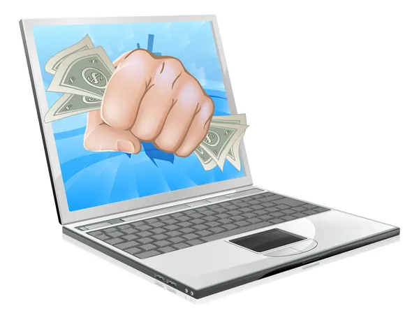Contant geld vuist laptop concept — Stockvector
