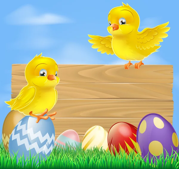 Easter chicks and wooden sign — Stock Vector