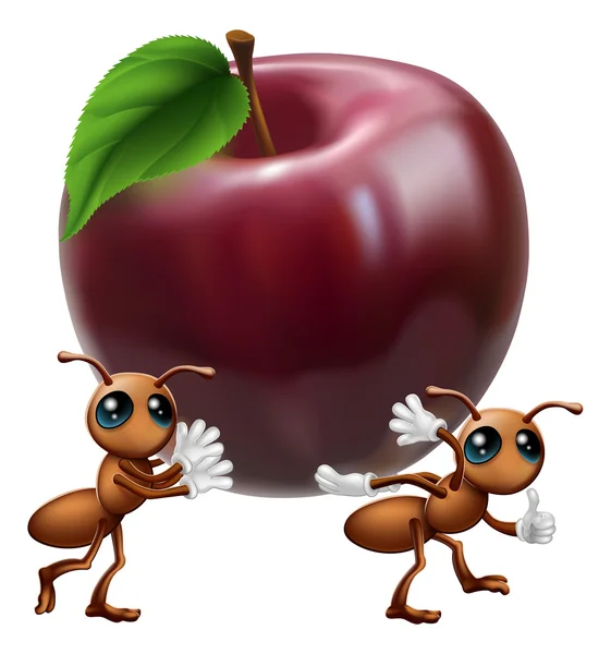 Ants carrying a big apple — Stock Vector