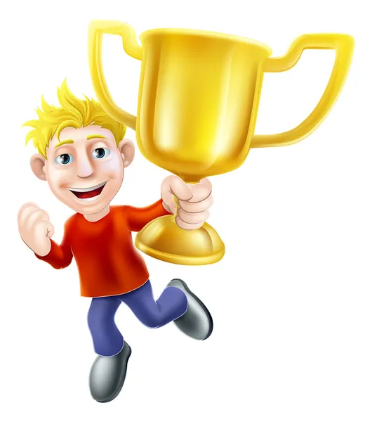 Karikatura člověka a vítězové trophy — Stockový vektor