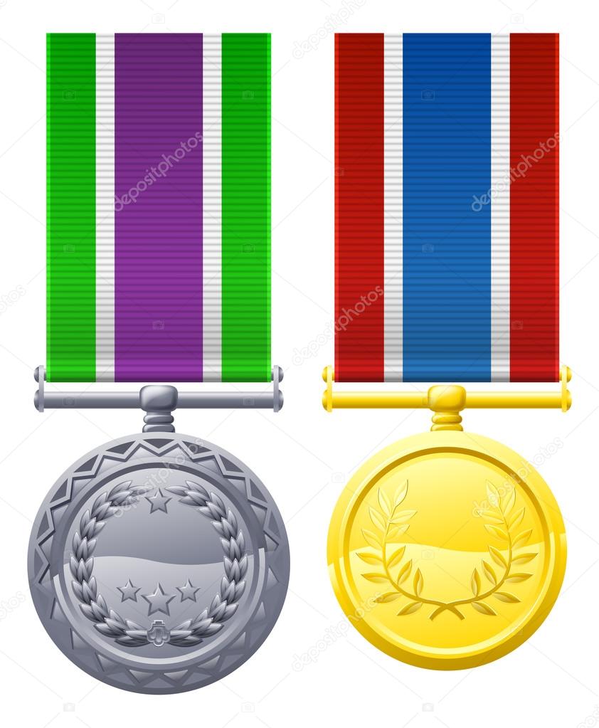 Two metal chest medals and ribbons