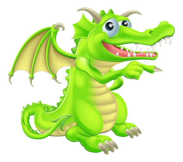 Cartoon draak mascotte wijzen — Stockvector