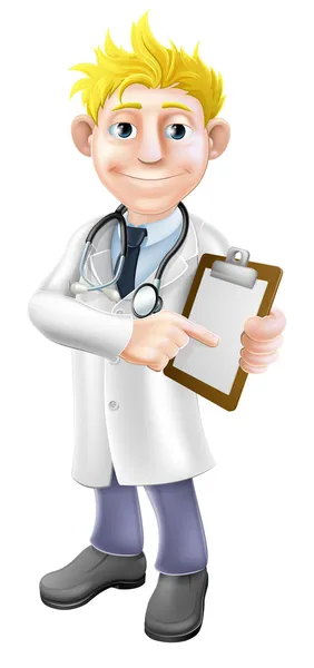 Doctor apuntando al portapapeles — Vector de stock