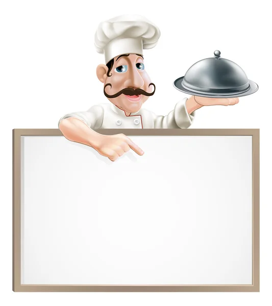 Chef with platter pointing at sign — Stock Vector